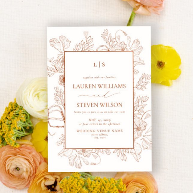 Invitation Monogramme Elegant Orange Floral Line Art Mariage (Créateur téléchargé)