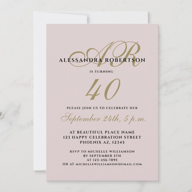 Invitation Monogramme élégant quarante anniversaire blush or  (Devant)