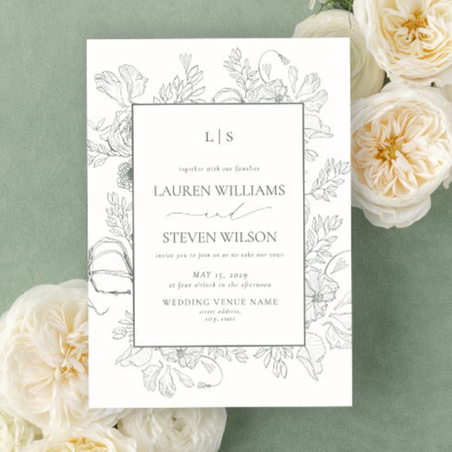 Invitation Monogramme Elegant Sage Green Floral Line Mariage (Créateur téléchargé)