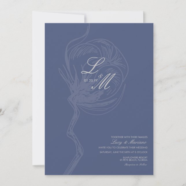 Invitation Monogramme Élégant Script Mariage Fleur de coton (Devant)