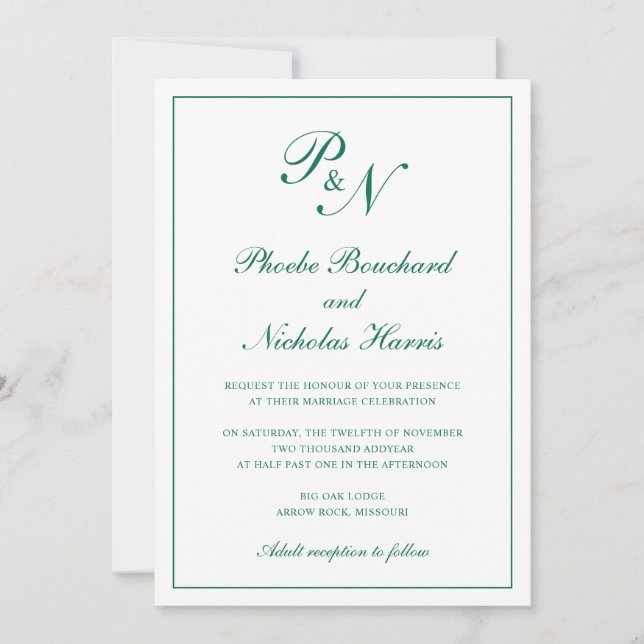 Invitation Monogramme Emerald Green Formal Mariage élégant (Devant)