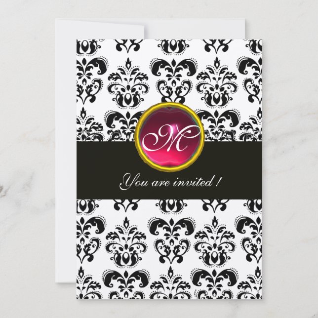 Invitation MONOGRAMME EN DAMAS NOIR ET ARGENT, rouge rubis bl (Devant)