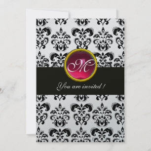 Invitation MONOGRAMME EN DAMAS NOIR ET ARGENT, rouge rubis bl
