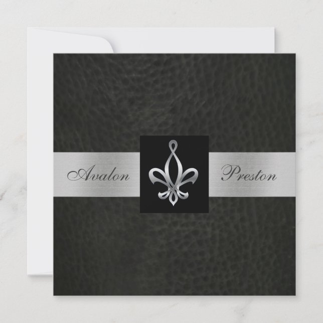 Invitation Monogramme en Faux Cuir Noir Fleur De L (Devant)