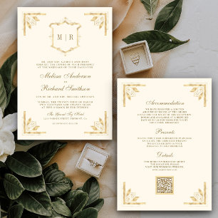 Invitation Monogramme en or Crest QR Code Cream Mariage