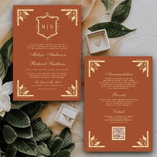 Invitation Monogramme en or Crest QR Code Mariage en terre cu