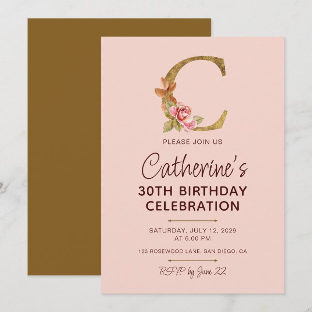 Invitation Monogramme en or lettre C Roses roses blush (Devant / Derrière)
