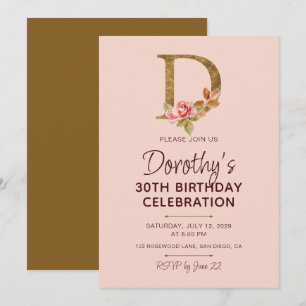 Invitation Monogramme en or lettre D Roses rose poudré