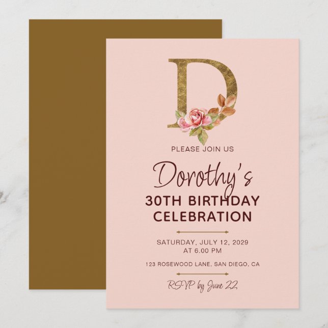 Invitation Monogramme en or lettre D Roses rose poudré (Devant / Derrière)