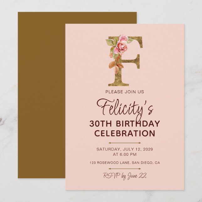 Invitation Monogramme en or lettre F Roses rose pâle (Devant / Derrière)