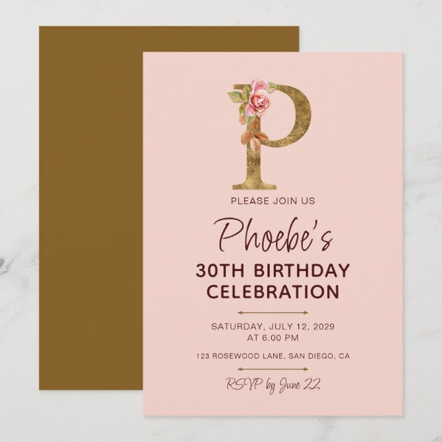 Invitation Monogramme en or lettre P Roses roses blush (Devant / Derrière)