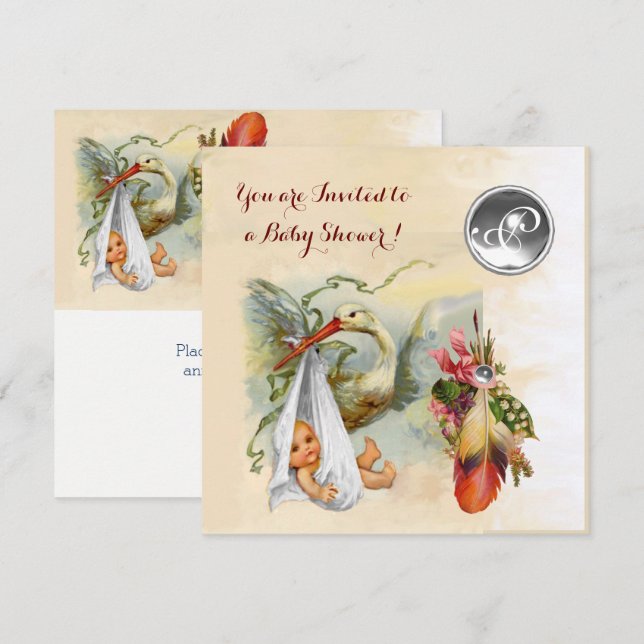 INVITATION MONOGRAMME EN PIERRE BLANCHE DU BABY SHOWER NEUTRE (Devant / Derrière)