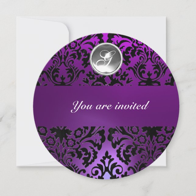 INVITATION MONOGRAMME EN PIERRE DE GEM NOIR & PURPLE DAMASK (Devant)