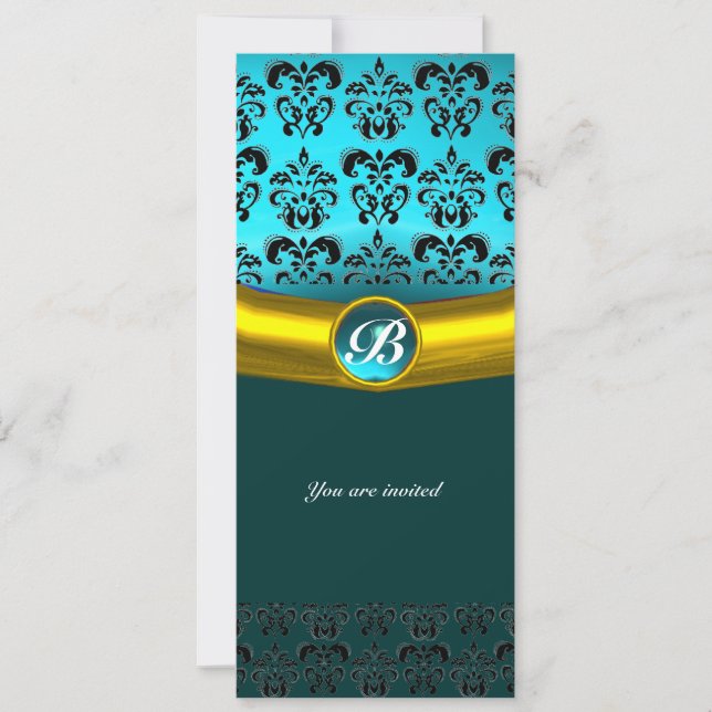 Invitation MONOGRAMME EN PIERRE GEMME DE DAMAS , turquoise bl (Devant)