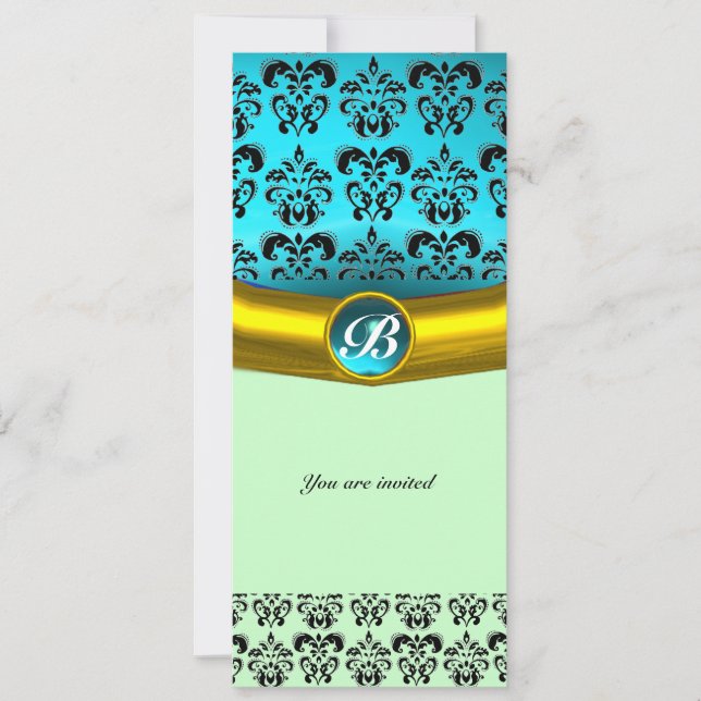 Invitation MONOGRAMME EN PIERRE GEMME DE DAMAS, turquoise ble (Devant)