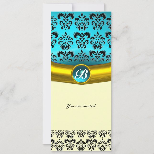 Invitation MONOGRAMME EN PIERRE PRÉCIEUSE DAMASK , turquoise  (Devant)