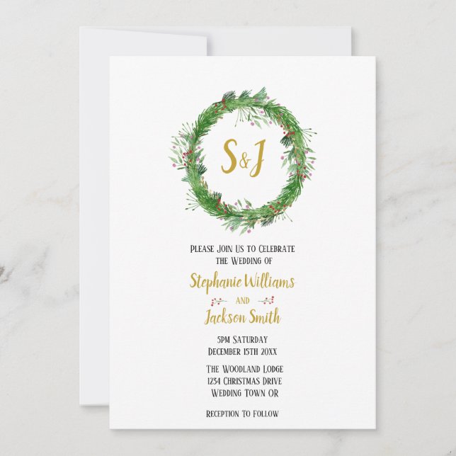Invitation Monogramme et couronne | Mariage de verdure d'hive (Devant)