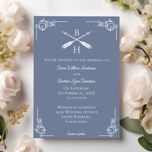 Invitation Monogramme et flèches bleu poussiéreux Mariage