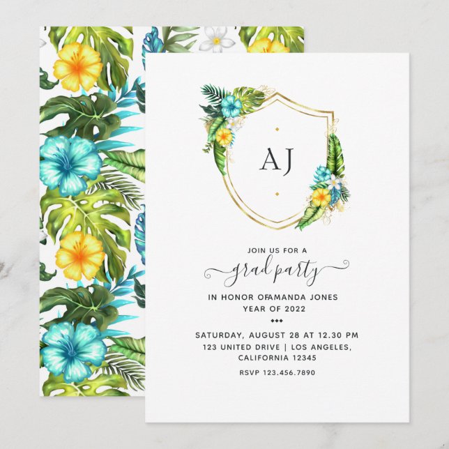 Invitation Monogramme Été Tropical Plage Remise de diplômes (Devant / Derrière)