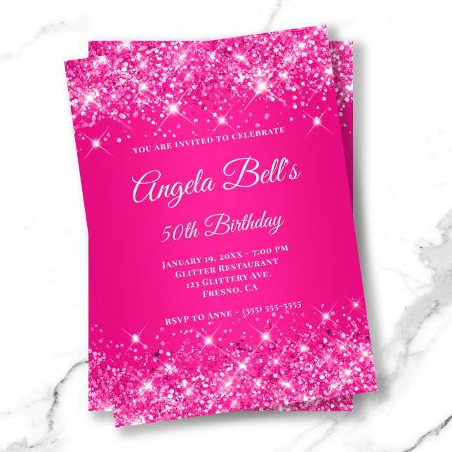 Invitation Monogramme Fancy Ombre rose chaud (Glittery Hot Pink Ombre Fancy Monogram Invitation)