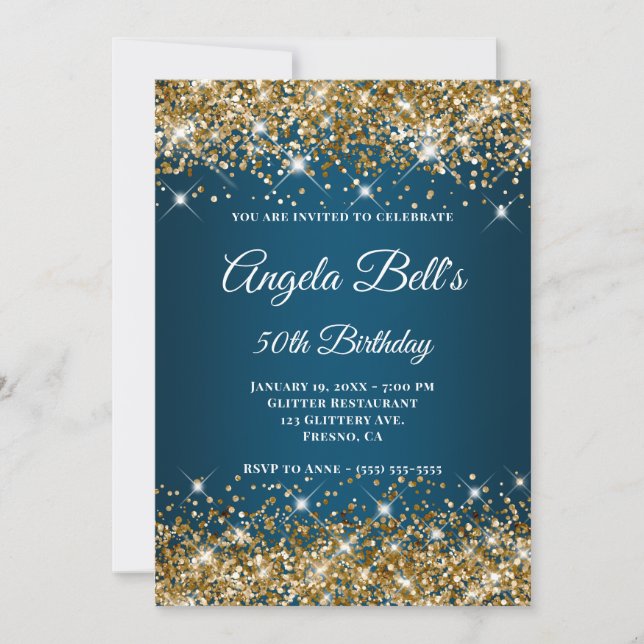 Invitation Monogramme Fantaisie Dégradé Bleu Océan Paillettes (Devant)
