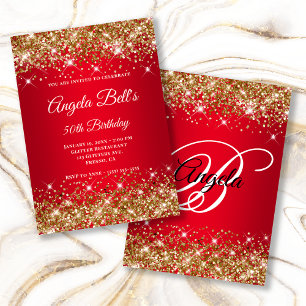 Invitation Monogramme fantaisie ombré rouge vif pailleté or