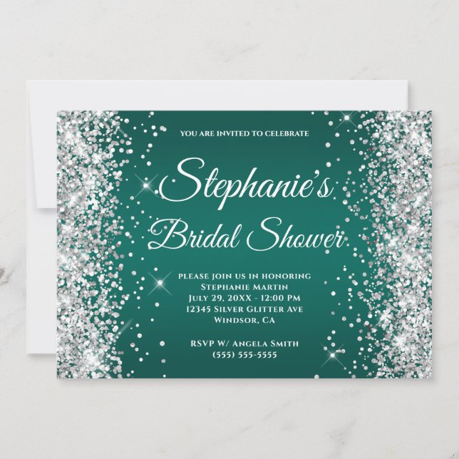 Invitation Monogramme fantaisie ombré turquoise foncé paillet (Devant)