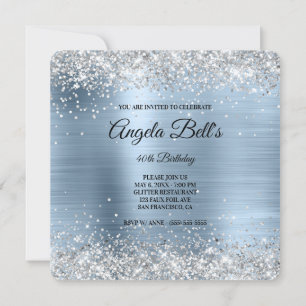 Invitation Monogramme fantaisie pailleté argent Bleu pâle Feu