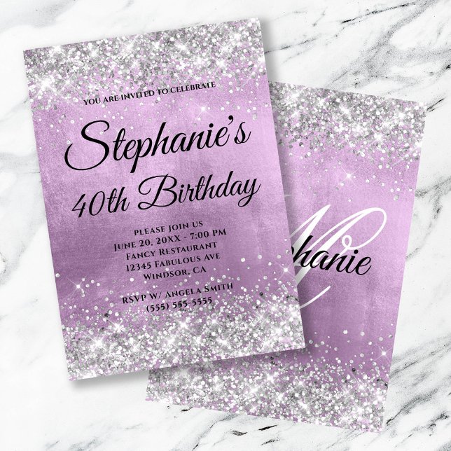 Invitation Monogramme Fantaisie Pailleté Argent Lilas (Silver Glitter Lilac Foil Fancy Monogram Invitation)