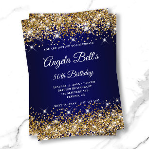 Invitation Monogramme Fantaisie Paillettes Dorées sur Fond Bl