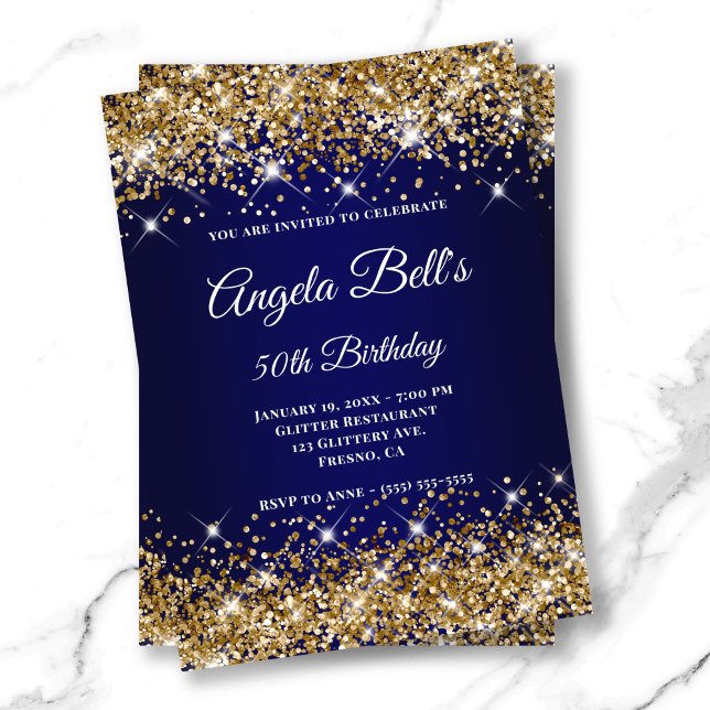 Invitation Monogramme Fantaisie Paillettes Dorées sur Fond Bl (Gold Glitter Navy Blue Ombre Fancy Monogram Invitation)