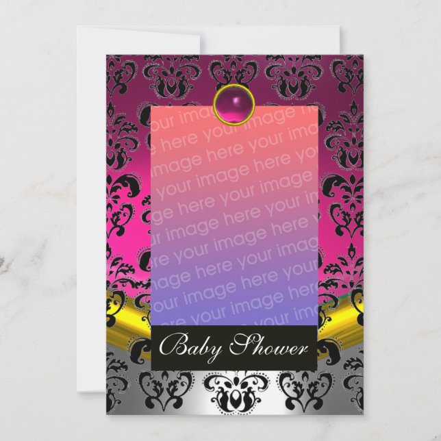 INVITATION MONOGRAMME FÊTE DE BABY-SHOWER DAMASSÉ BLANC FUCHS (Devant)