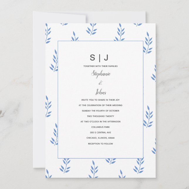 Invitation Monogramme Feuille bleue de Cornflower Mariage sim (Devant)