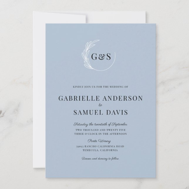 Invitation Monogramme feuille couronne Mariage bleu foncé min (Devant)