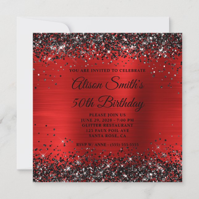 Invitation Monogramme Feuille de Rouge Paillettes Noires 50e  (Devant)