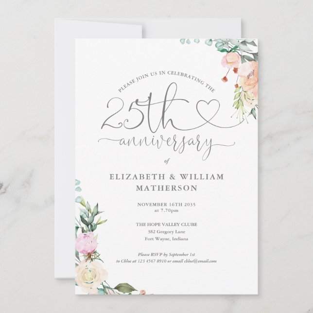 Invitation Monogramme floral à script de cœur pour le 25e ann (Devant)