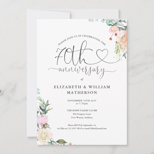 Invitation Monogramme floral à script de cœur pour le 70e ann (Devant)
