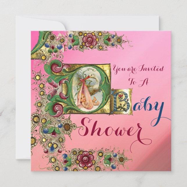 INVITATION MONOGRAMME FLORAL BABY SHOWER DE FILLE ROSE EN STO (Devant)