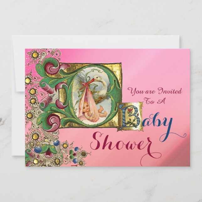 INVITATION MONOGRAMME FLORAL BABY SHOWER DE FILLE ROSE EN STO (Devant)