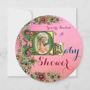 INVITATION MONOGRAMME FLORAL BABY SHOWER DE FILLE ROSE EN STO