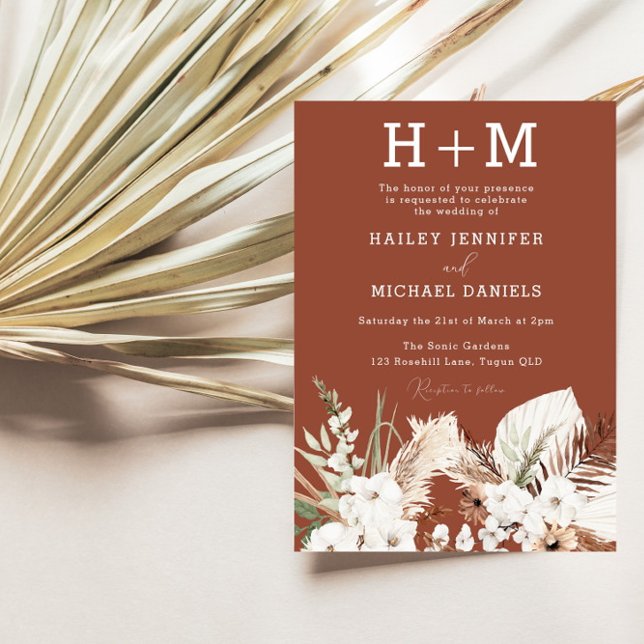 Invitation Monogramme Floral blanc Mariage Boho en terre cuit (Créateur téléchargé)