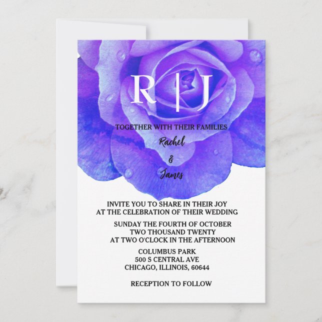 Invitation Monogramme Floral bleu Fleurs Roses Mariage élégan (Devant)