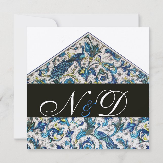 INVITATION MONOGRAMME FLORAL BLEU FLORENTINE ANTIQUE ÉLÉGANT (Devant)