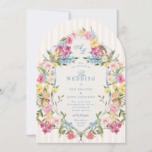 Invitation Monogramme floral bleu français Vintage Crest (Devant)