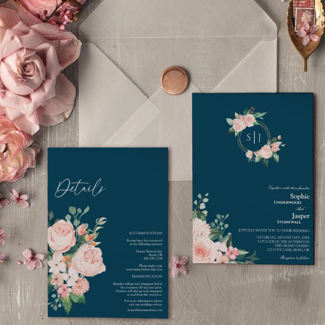 Invitation Monogramme Floral Blush Marine tout en un Mariage (Créateur téléchargé)