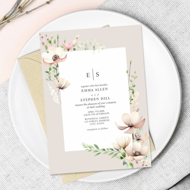 Invitation Monogramme Floral Blush off White Botanical Mariag (Créateur téléchargé)