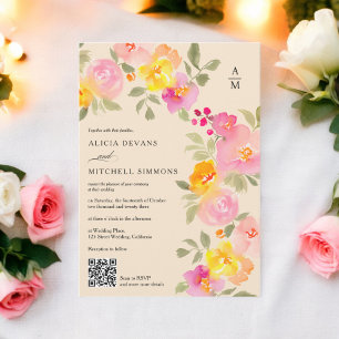 Invitation monogramme floral chic code Qr photo mariage beige
