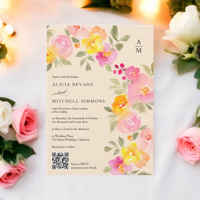Invitation monogramme floral chic code Qr photo mariage beige (Floral monogram chic Qr code photo beige wedding Invitation)