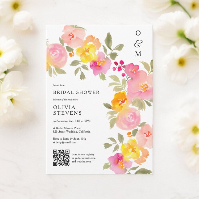 Invitation monogramme floral chic code Qr photo nuptiale douc (Floral monogram chic Qr code photo bridal shower Invitation)