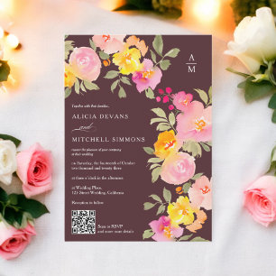 Invitation monogramme floral code Qr photo mariage brun